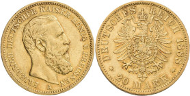 Preußen: Friedrich III. 1888: 20 Mark 1888 A, Jaeger 248. 7,95 g, 900/1000 Gold. Kratzer, fast vorzüglich.
 [zzgl. 0 % MwSt.]