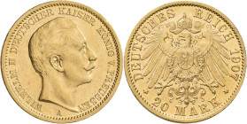 Preußen: Wilhelm II. 1888-1918: 20 Mark 1907 A, Jaeger 252. 7,95 g, 900/1000 Gold. Kleine Kratzer und winziger Randfehler, fast vorzüglich.
 [zzgl. 0...
