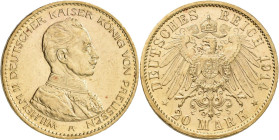 Preußen: Wilhelm II. 1888-1918: 20 Mark 1914 A, Uniform, Jaeger 253. 7,96 g, 900/1000 Gold. Kratzer und kleine Rotflecken auf der Bildseite, fast vorz...