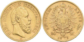 Württemberg: Karl 1864-1891: 20 Mark 1873 F, Jaeger 290. 7,92 g, 900/1000 Gold. Kleiner Randfehler, sehr schön.
 [zzgl. 0 % MwSt.]