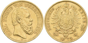 Württemberg: Karl 1864-1891: 20 Mark 1873 F, Jaeger 290. 7,93 g, 900/1000 Gold. Sehr schön.
 [zzgl. 0 % MwSt.]