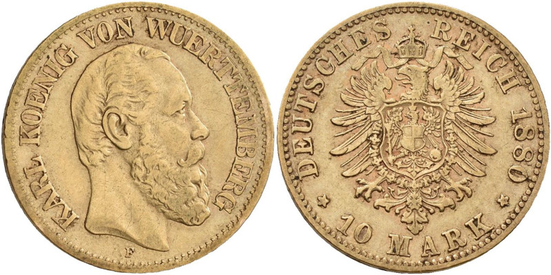 Württemberg: Karl 1864-1891: 10 Mark 1880 F, Jaeger 292. 3,92 g, 900/1000 Gold. ...