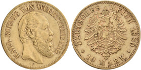 Württemberg: Karl 1864-1891: 10 Mark 1880 F, Jaeger 292. 3,92 g, 900/1000 Gold. Sehr schön.
 [zzgl. 0 % MwSt.]