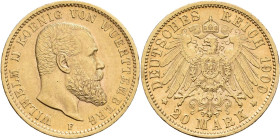 Württemberg: Wilhelm II. 1891-1918: 20 Mark 1900, Jaeger 296. 7,95 g, 900/1000 Gold. Kleine Kratzer und Randunebenheiten, sehr schön - vorzüglich.
 [...