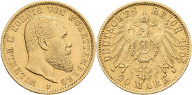 Württemberg: Wilhelm II. 1891-1918: 20 Mark 1905, Jaeger 296. 7,95 g, 900/1000 Gold. Winzige Kratzer, vorzüglich.
 [zzgl. 0 % MwSt.]