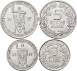 Weimarer Republik: 5 Reichsmark 1925 A und 3 Reichsmark 1925 D, Rheinlande, Jaeger 322 und 321, sehr schön - vorzüglich. Lot 2 Stück.
 [differenzbest...