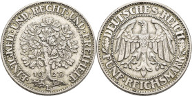 Weimarer Republik: 5 Reichsmark 1929 E, Eichbaum, Jaeger 331. Kleine Kratzer, gereinigt, sehr schön+.
 [differenzbesteuert]