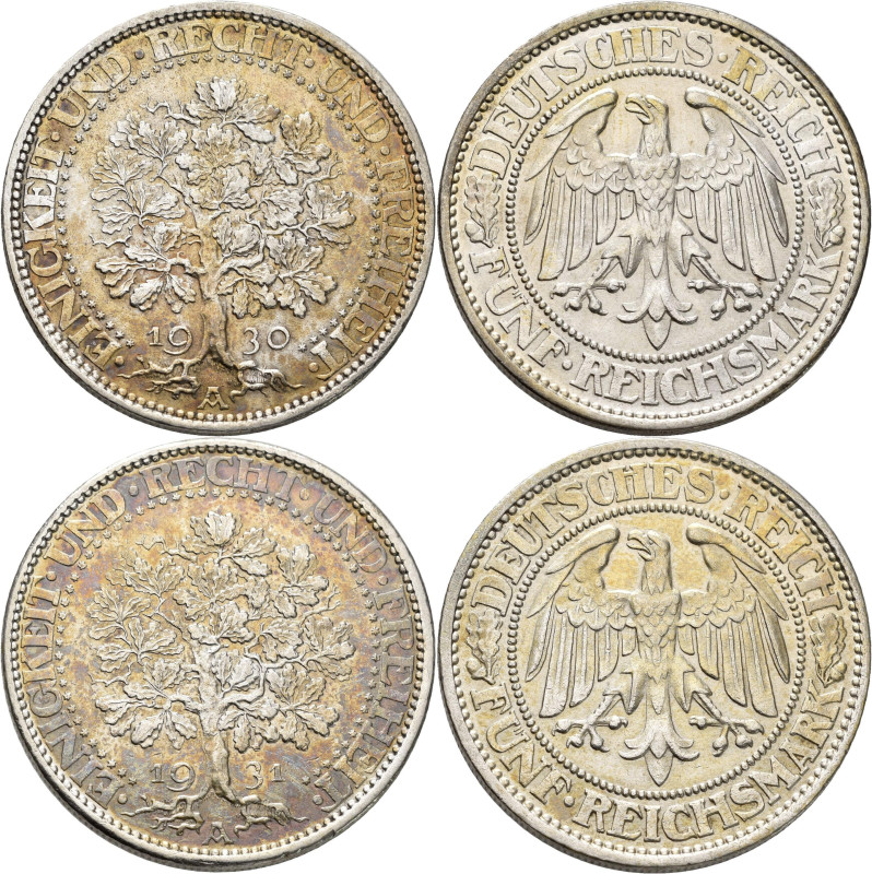 Weimarer Republik: 5 Reichsmark 1930 A + 1931 A, Eichbaum, Jaeger 331. Kleine Kr...