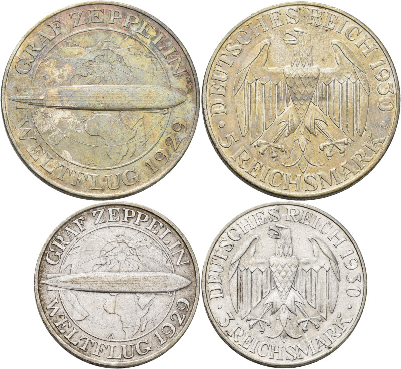 Weimarer Republik: 3 Reichsmark 1930 A, Graf Zeppelin, Jaeger 342 + 5 Reichsmark...