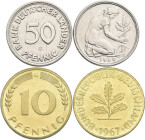 Bundesrepublik Deutschland 1948-2001: 50 Pfennig 1950 G, Bank Deutscher Länder, Jaeger 379, in sehr schön+, dabei noch 5 und 10 Pfennig 1967 G (selten...