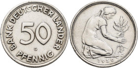 Bundesrepublik Deutschland 1948-2001: 50 Pfennig 1950 G, Bank Deutscher Länder, Jaeger 379. Gereinigt, sehr schön.
 [differenzbesteuert]
