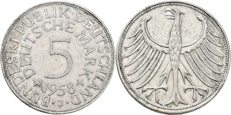 Bundesrepublik Deutschland 1948-2001: 5 DM Kursmünze 1958 J, nur 60.000 Ex., Jae...
