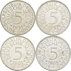 Bundesrepublik Deutschland 1948-2001: 5 DM Kursmünzen Silberadler: 1951 J, 1957 J, 1961 J und 1963 J. Jaeger 387. In außergewöhnlicher Erhaltung, vorz...