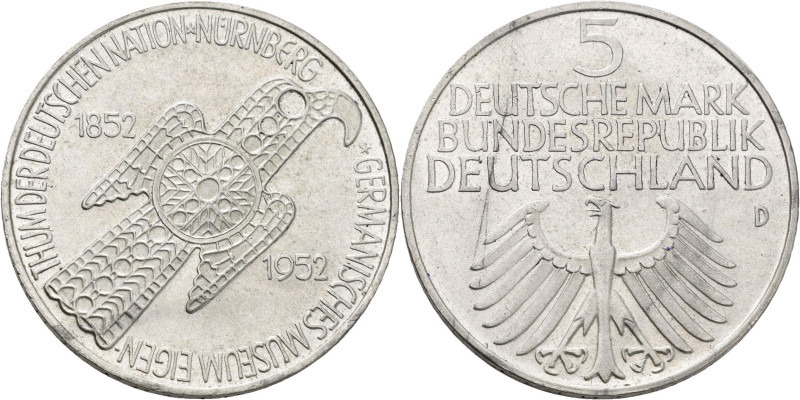 Bundesrepublik Deutschland 1948-2001: 5 DM 1952 D, Germanisches Museum, Jaeger 3...