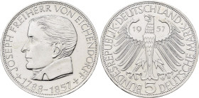 Bundesrepublik Deutschland 1948-2001: 5 DM 1957 J, Freiherr von Eichendorff, Jaeger 391. Kleine Kratzer, sonst vorzüglich.
 [differenzbesteuert]
