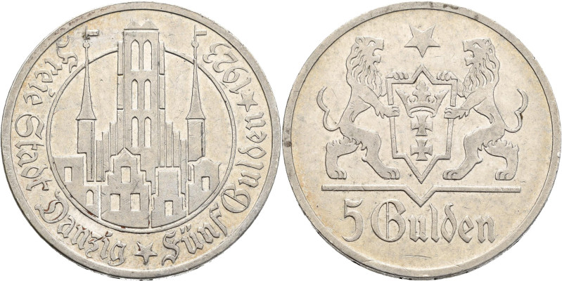 Danzig: 5 Gulden 1923 Marienkirche. Jaeger D9. 24,96 g. Kleine Kratzer, winzige ...