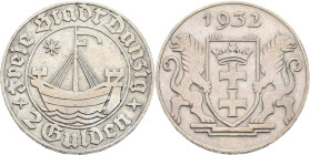 Danzig: 2 Gulden 1932 Kogge. Jaeger D16. 9,9 g. Kratzer, sehr schön+.
 [differenzbesteuert]