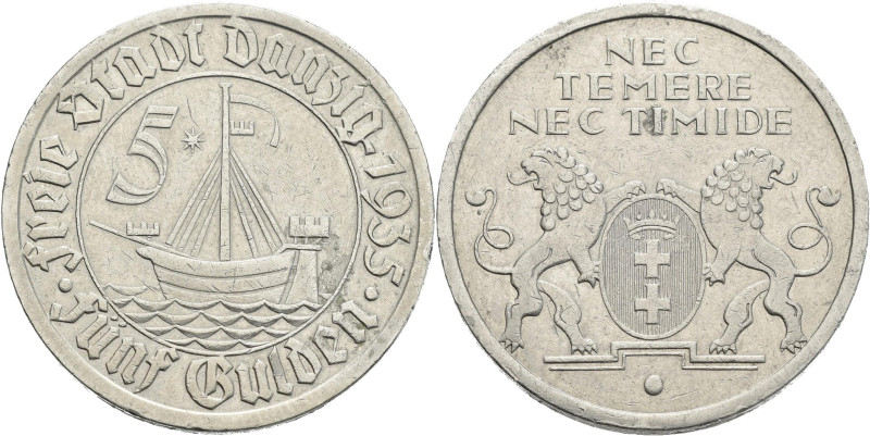 Danzig: 5 Gulden 1935 Kogge. Jaeger D19. 11,08 g. Nickel. Kratzer, sehr schön+....