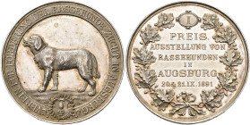 Medaillen Deutschland - Geographisch: Augsburg: Silbermedaille 1891 (Drentwett), Preismedaille der Ausstellung von Rassehunden in Augsburg, 41,3 mm, 2...