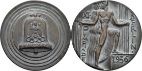 Medaillen Deutschland - Geographisch: Berlin: Bronzegussmedaille 1936 von Otto Placzek, Teilnehmermedaille XI. Olympiade Berlin, 70 mm, 113 g, im rote...