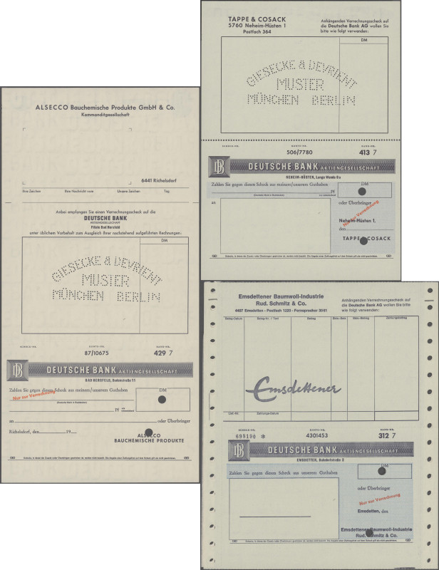 Deutschland, Deutsche Bank, 3 verschiedene Druckmuster von Verrechnungsschecks, ...