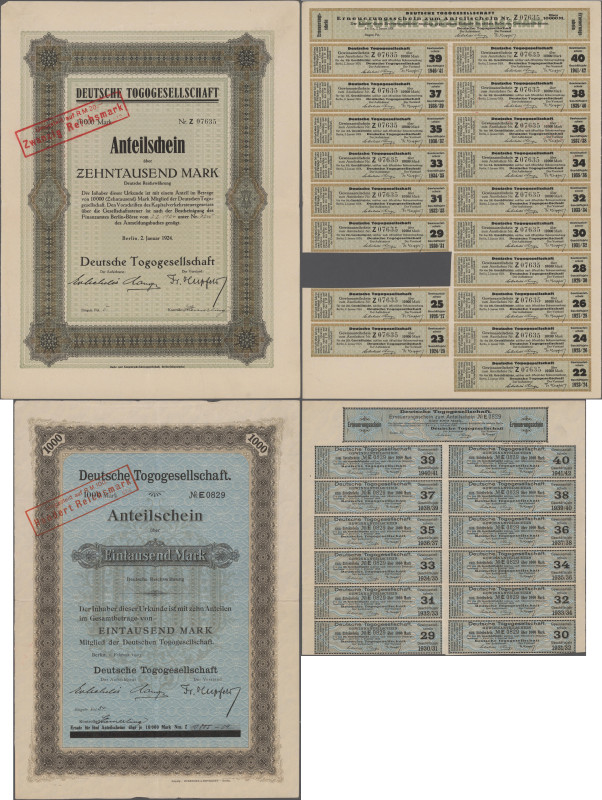 Deutschland, Deutsche Togogesellschaft, Lot 3 Anteilscheine über 1.000 Mark 1923...