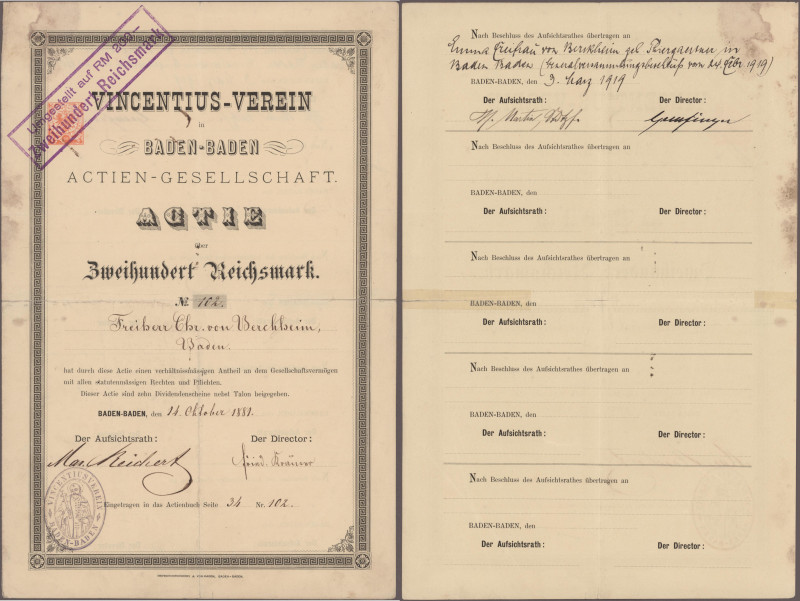 Deutschland, Vincentius-Verein in Baden-Baden AG, Namens-Aktie 200 Mark 14. Okto...