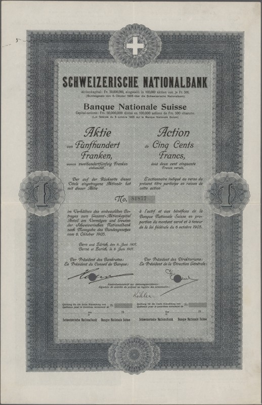 Schweiz, Schweizerische Nationalbank, Aktie über 500 Franken vom Juni 1907.
[di...