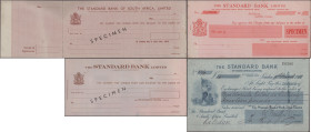 The Standard Bank of South Africa Limited, Lot mit 4 Schecks, einmal über 14 Pounds vom 14. März 1913 und dreimal mit Überdruck ”Specimen”.
 [differe...
