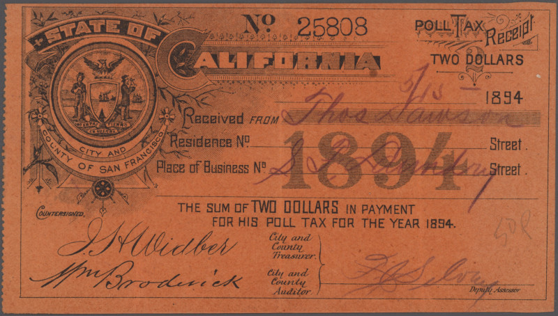 USA, State of California, 2 Dollars Poll Tax Receipt 1894.
 [differenzbesteuert...