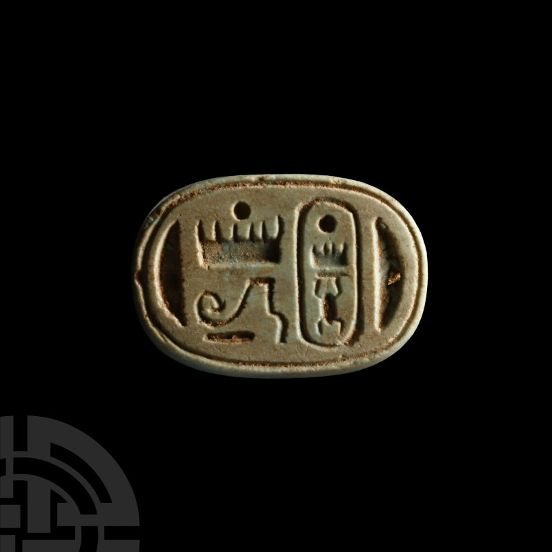 Egyptian Faience Scaraboid of Seti I and Thutmose III
New Kingdom, 19th Dynasty...