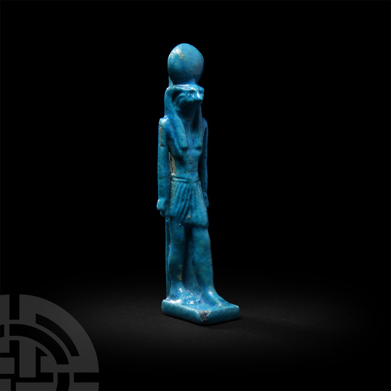 Egyptian Blue Glazed Ra Amulet
Late New Kingdom, circa 1550-1070 B.C. A blue gl...