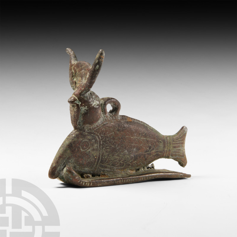 Egyptian Bronze Oxyrhynchus Fish Figure
Late Period, 664-332 B.C. A bronze voti...