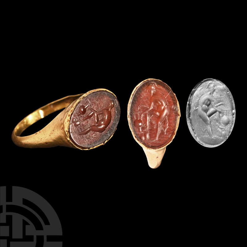 Hellenistic Gold Ring with Figural Gemstone of Ares
Late 1st century B.C. A hol...