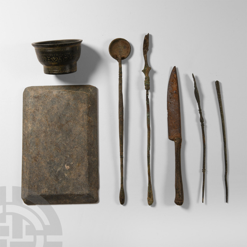 Roman Medical Implements and Palette
1st-4th century A.D. A copper-alloy medica...