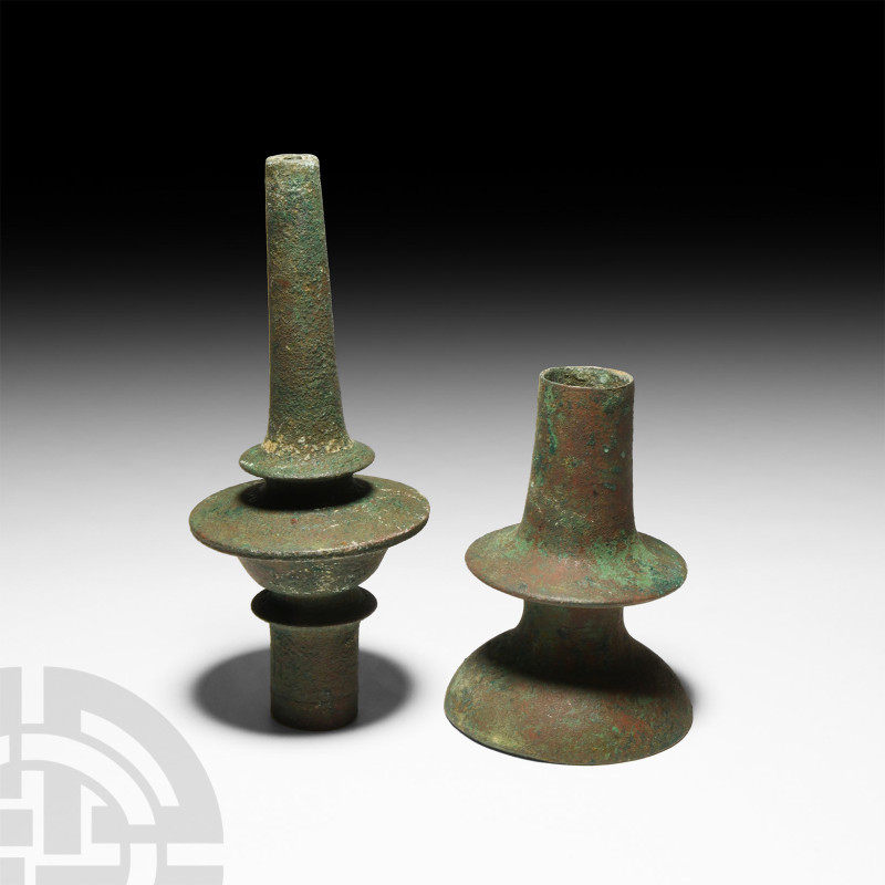 Byzantine Bronze Oil Lamp Stands
9th-10th century A.D. A pair of copper-alloy o...