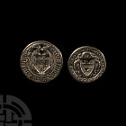 English Medieval Heraldic Silver Chessman Type Seal Matrix Chained Pair with the Arms of Beaubois and Estcourt