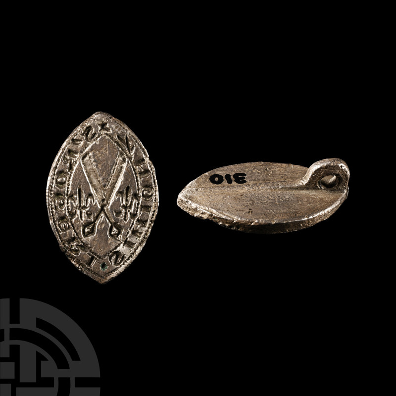 English Medieval Silver Vesica-Shaped Seal Matrix for Tailor Roger Simion
Circa...