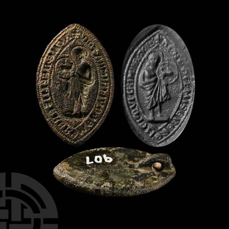 English Medieval Vesica-Shaped Seal Matrix with 'O Lamb of God, who takes away o...