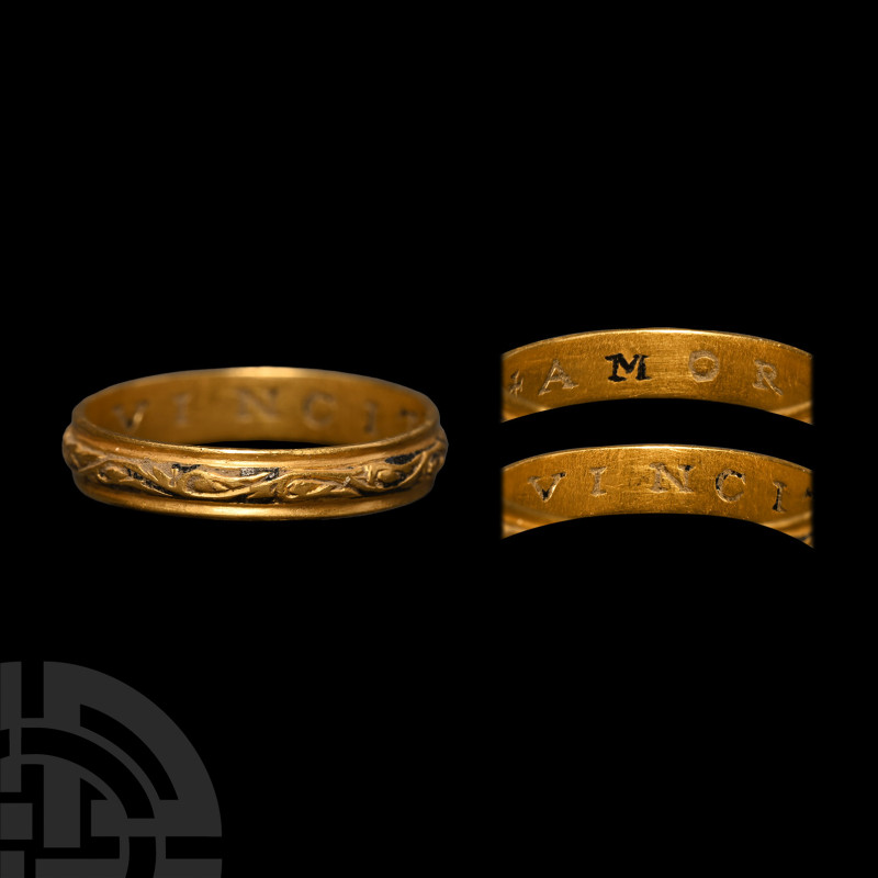 Tudor Gold '+Amor Vincit' Decorated Posy Ring
Circa 16th century A.D. A gold po...