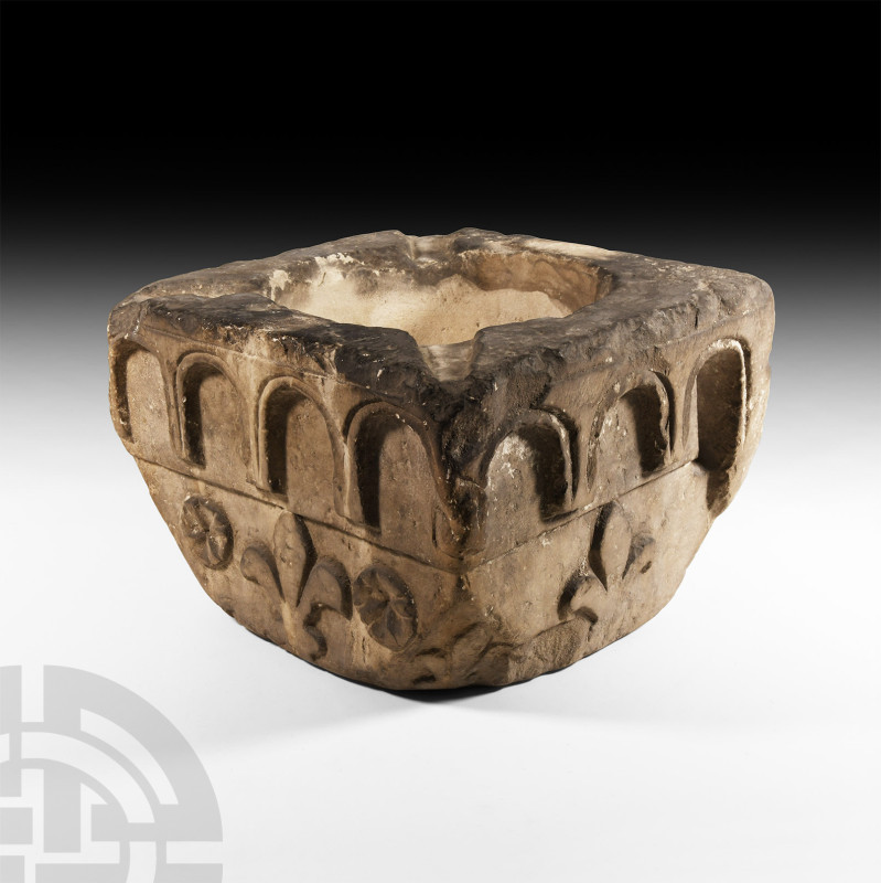 Medieval Sandstone Font with Arches
13th-14th century A.D. A square-section san...