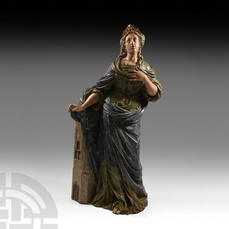 Post Medieval Painted Wooden Saint Barbara Statue
17th century A.D. A free-stan...