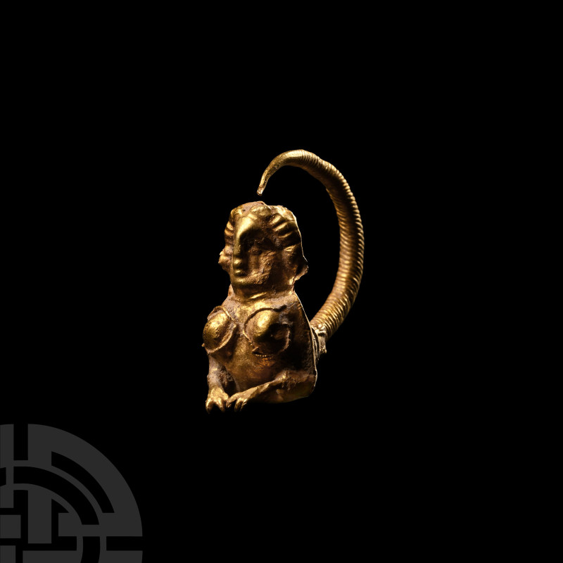 Greek Gold Sphinx Earring
3rd-2nd century B.C. A single gold earring composed o...