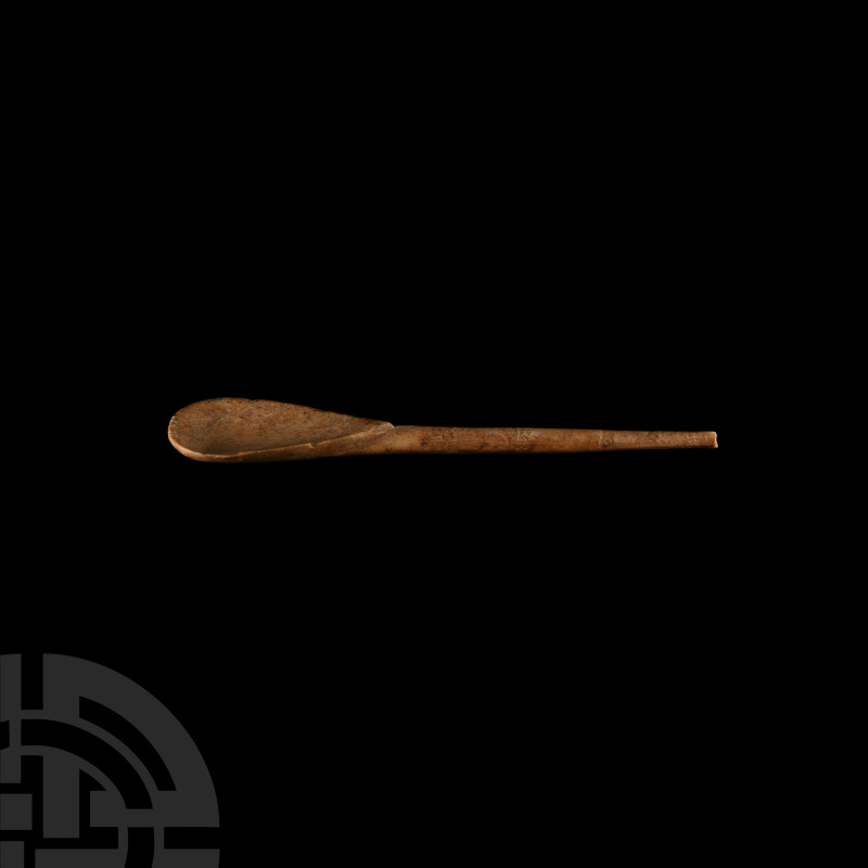 Roman Bone Spoon
1st-2nd century A.D. A bone spoon with a shallow piriform bowl...