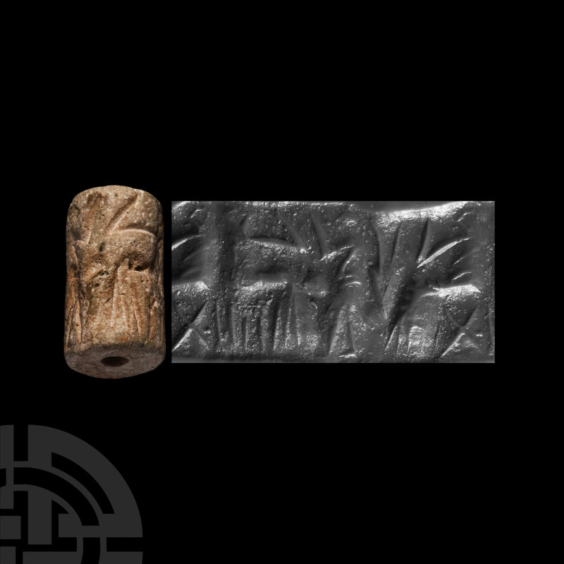 Sumerian Cylinder Seal with Banqueting Scene
26th-24th century B.C. A chalk cyl...