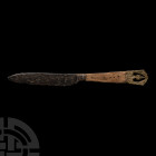 Medieval Knife with Bronze Pommel and Openwork Crowned Heart Motif