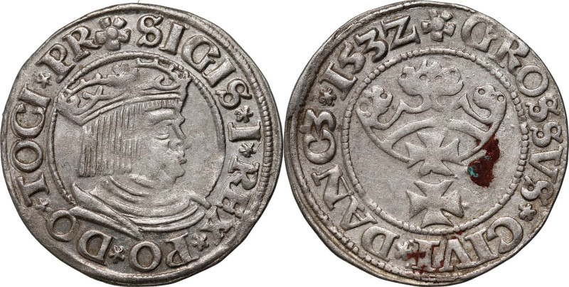 Zygmunt I Stary, grosz 1532, Gdańsk Ładnie zachowany, połyskowy egzemplarz. Plam...