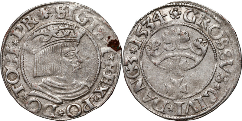 Zygmunt I Stary, grosz 1534, Gdańsk Plamka korozji na awersie. Reference: Kopick...
