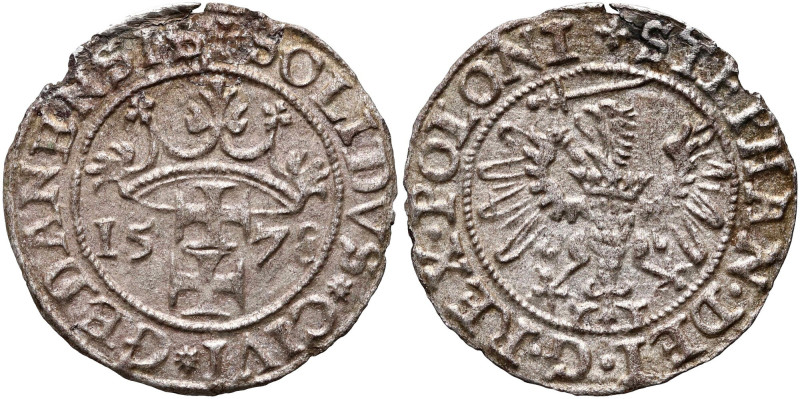 Stefan Batory, szeląg 1578, Gdańsk Mennicza wada krążka. Reference: Kopicki 7425...