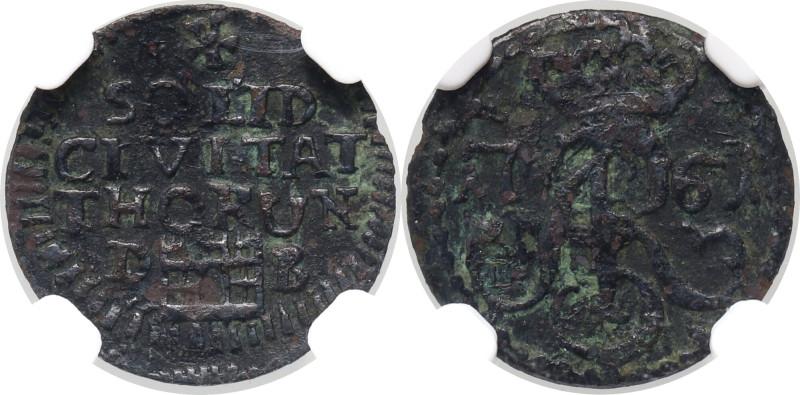 Stanisław August Poniatowski, szeląg 1761 DB, Toruń, rzadki Miejscowo korozja. R...